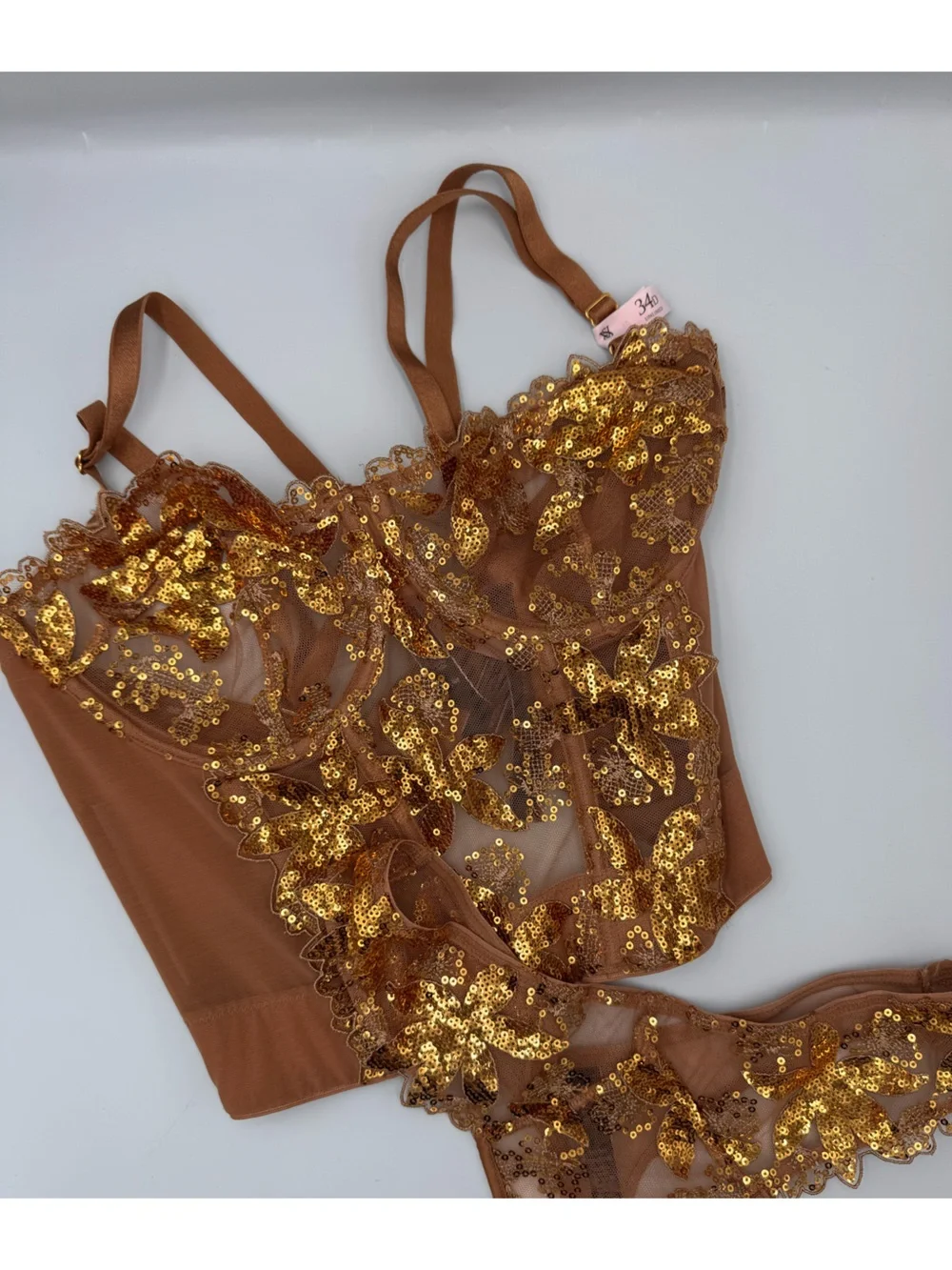 NWT Victoria’s Secret Very Sexy Gold Sequin Embroidered Lingerie Set 34D/M